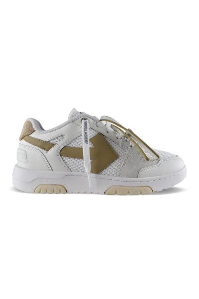 Off-White Out of Office Slim Sneakers in Weiß und Beige – Seitenansicht