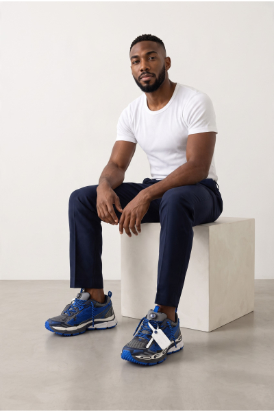 Off-White Be Right Back Sneakers i grått och marinblått – buren av en modell